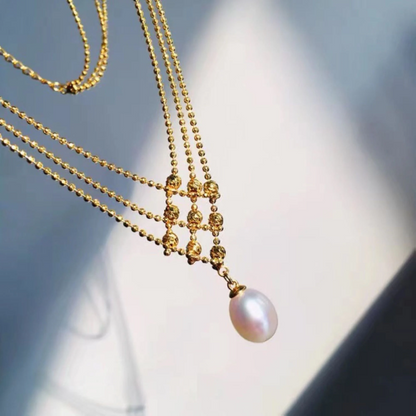 淡水パール付きゴールドパターンチェーンネックレス