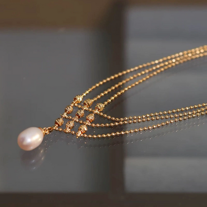 淡水パール付きゴールドパターンチェーンネックレス