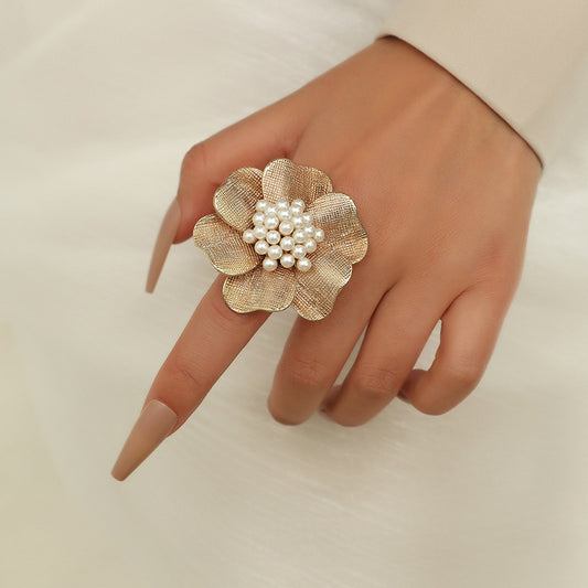Gold Flower Pearl Ring | Adjustable Ring