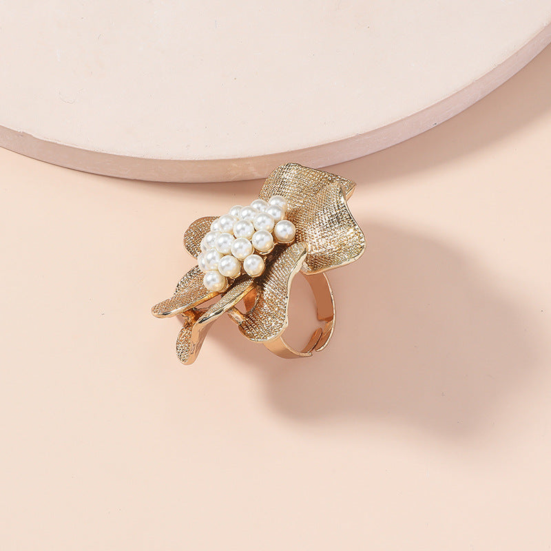 Gold Flower Pearl Ring | Adjustable Ring