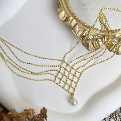 ゴールドレースチェーンネックレス | 12mmパールネックレス | 重ねづけネックレス